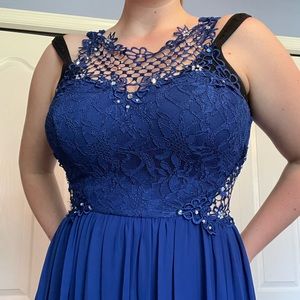 Royal Blue long dress with rhinestones, lace front and side design, leg slit.